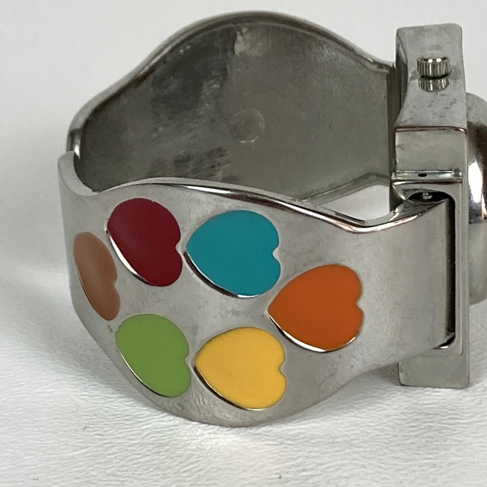Geneva Platinum Watch Women Silver Tone Open Cuff Enamel Hearts New Battery 6" - Picture 6 of 9